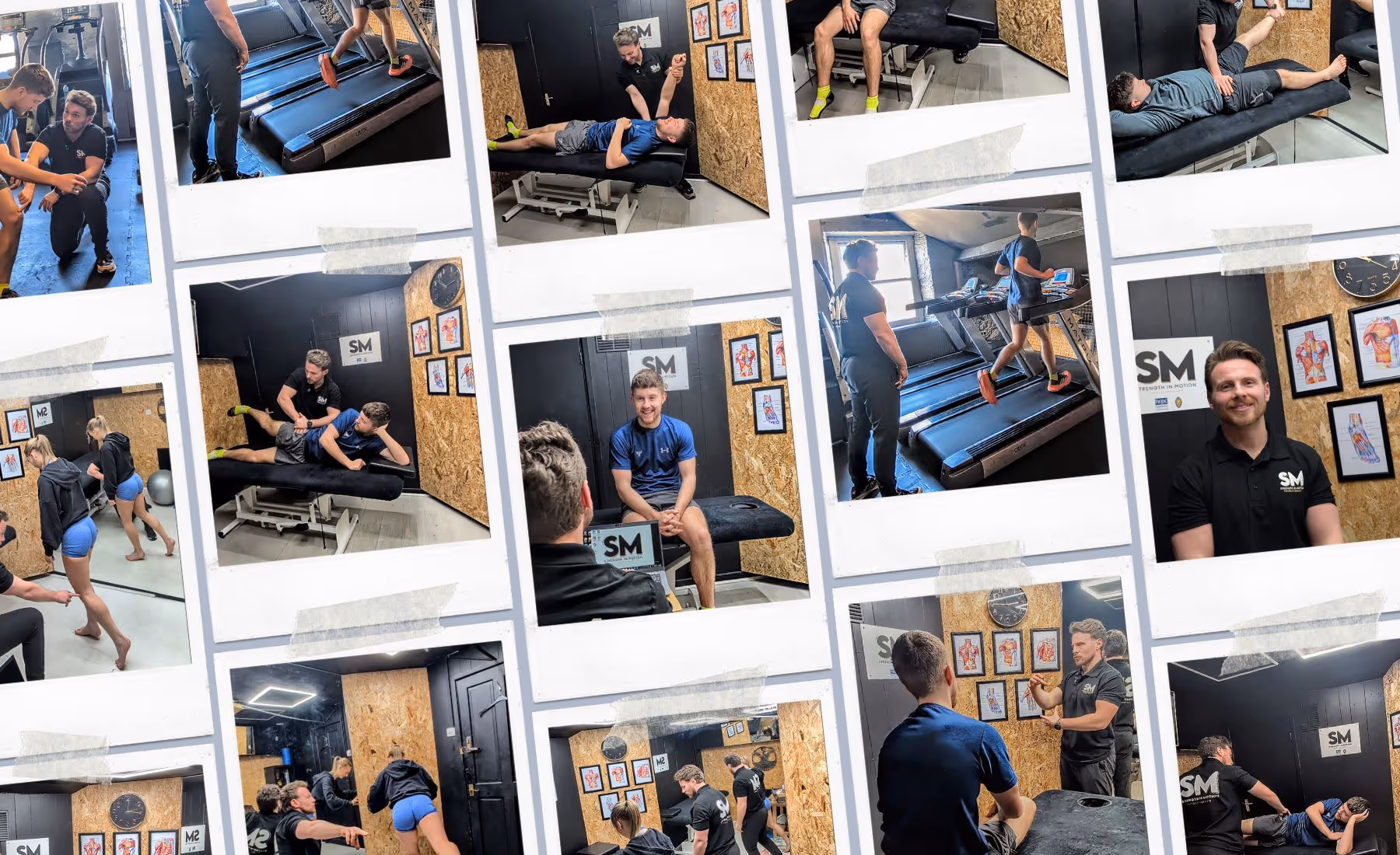 Collage of photos showing physical therapy and fitness training sessions, including stretching, treadmill running, and guided exercises in a clinic with anatomical posters and the SM Strength In Motion logo.